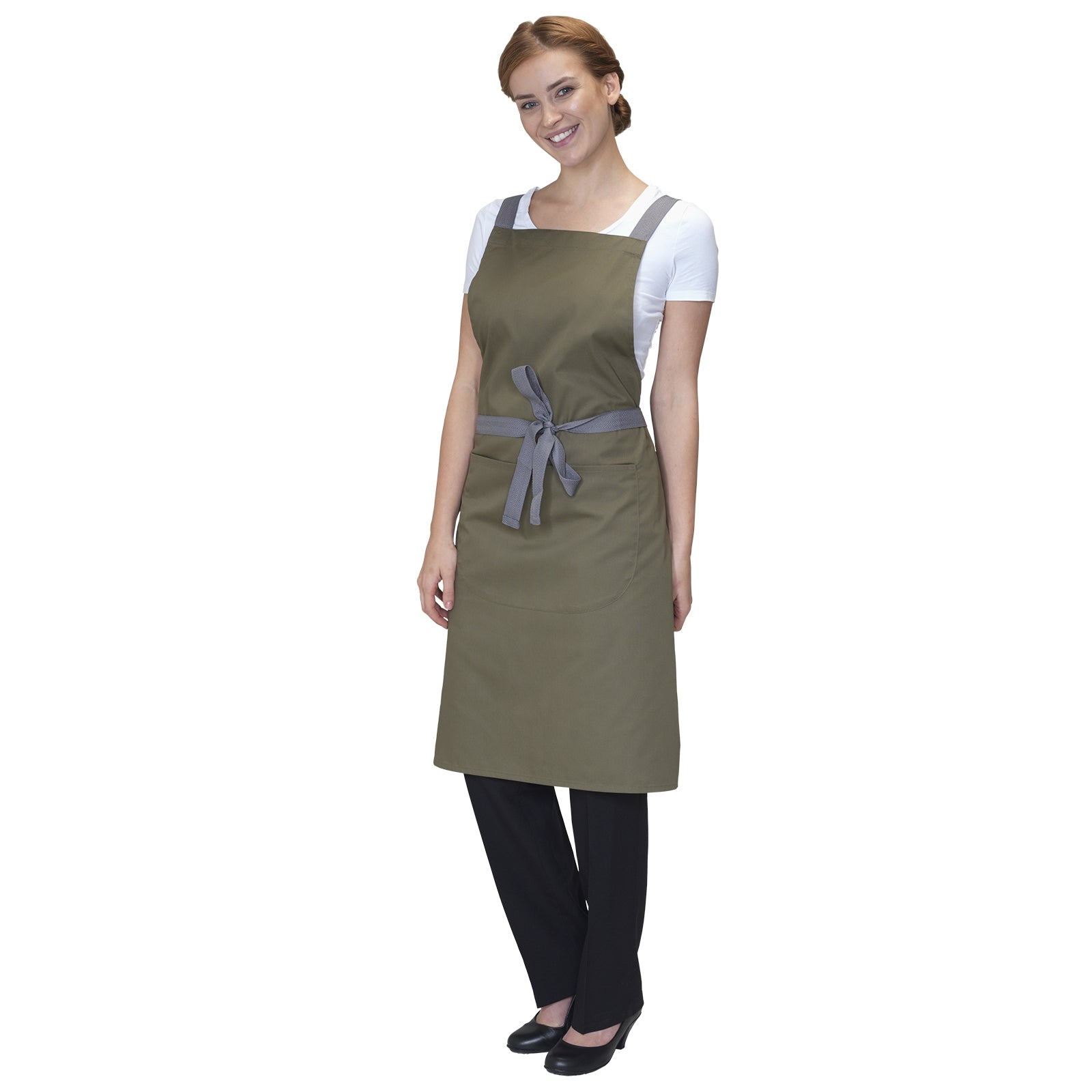 Dennys Crossback Apron With Grey Tie Tapes - Olive