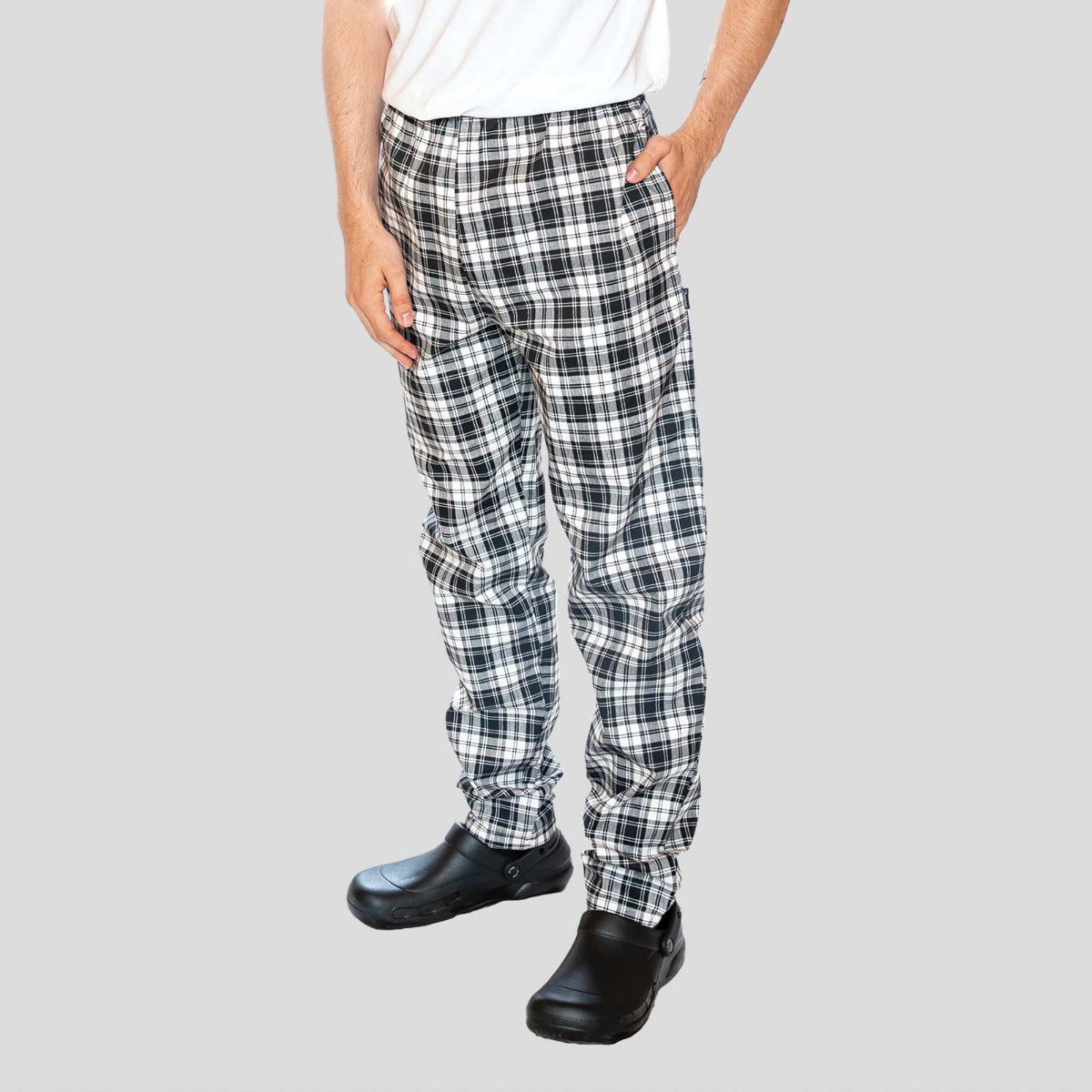 Dennys Unisex Printed Chefs Trousers - Tartan Black White / S